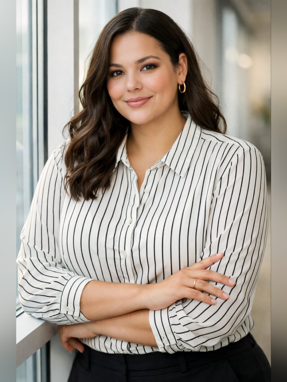 Rachel Zoe Plus Size Business/Office Striped Shirt White Off/Black 2X